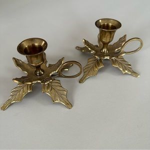 Anthropolologie Vintage Set of Two Solid Brass Holly Leaf Taper Candle Holders